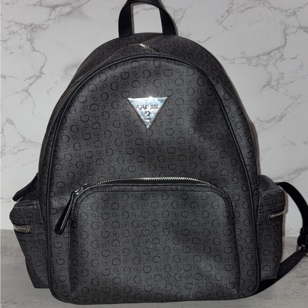 Guess Black Logo Mini Backpack with Silver Trim